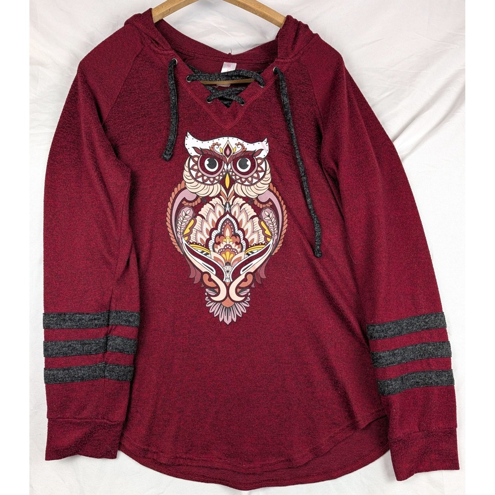 No Boundaries Womens Burgundy Owl Graphic Charcole Lace Up Varsity Style Hoodie